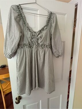 American Eagle Outfitters Green and White Striped Tie-Front Mini Dress